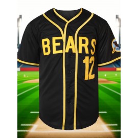 [Sporty] Men's #12 Black Baseball Jersey with Yellow Embroidery - V-Neck, Short Sleeve, Button-Up Shirt, Comfortable Polyester Fabric, Ideal for Training and Games