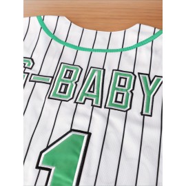 Men'S #1 White And Green Striped Baseball Jacket, Embroidered Short-Sleeve Baseball Jacket, V-Neck Loose Button-Up Shirt, Comfortable Top Suitable for Training And Games