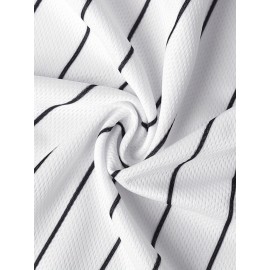 Men'S #1 White And Green Striped Baseball Jacket, Embroidered Short-Sleeve Baseball Jacket, V-Neck Loose Button-Up Shirt, Comfortable Top Suitable for Training And Games