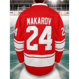Men's Vintage #24 Embroidered Ice Hockey Jersey - Red and White, Breathable Polyester, Classic V-Neck Captain's Sweatshirt, Machine Washable, Ideal for Sports & Casual Wear