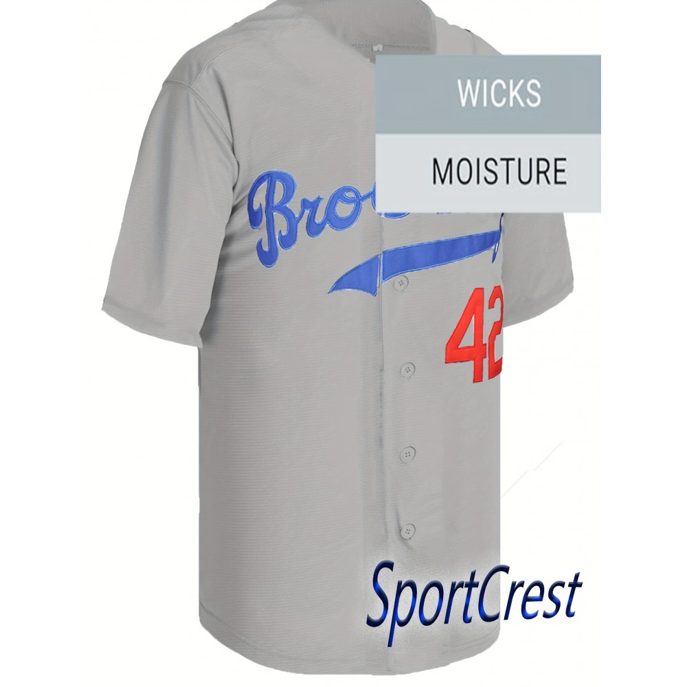 Men's Retro Baseball Jersey with Embroidered Number 42 - Moisture-Wicking Polyester, Loose Fit V-Neck Button-Up Shirt for Sports & Casual Wear (S-3XL), Outdoor Activity Apparel, Durable Sportswear