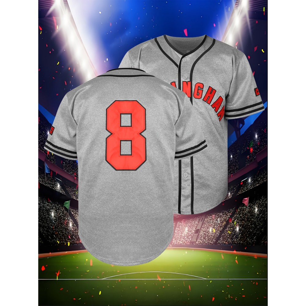 Men's Breathable V-Neck Baseball Jersey #8, Embroidered Polyester Sportswear for Streetwear, Team Sports, Beach - Loose Fit Knit Fabric, Sizes S-3XL