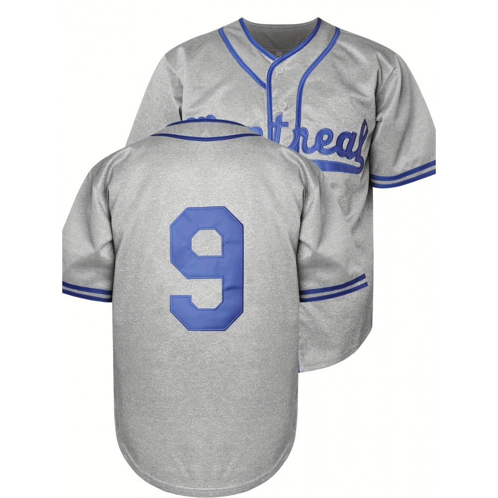 1pc Men'S Polyester V-Neck Baseball Jersey with Embroidered #9 and Montreal - Loose-Fit Knit Top for Sports, Casual, and Party Wear - All-Season Button Short Sleeve Shirt for Adults