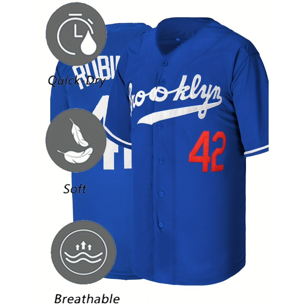 Hot #42 Blue Baseball Jersey Stitched Polyester Men'S Retro Baseball Shirt Button Short Sleeved Baseball Top S-3XL Hip Hop Clothes