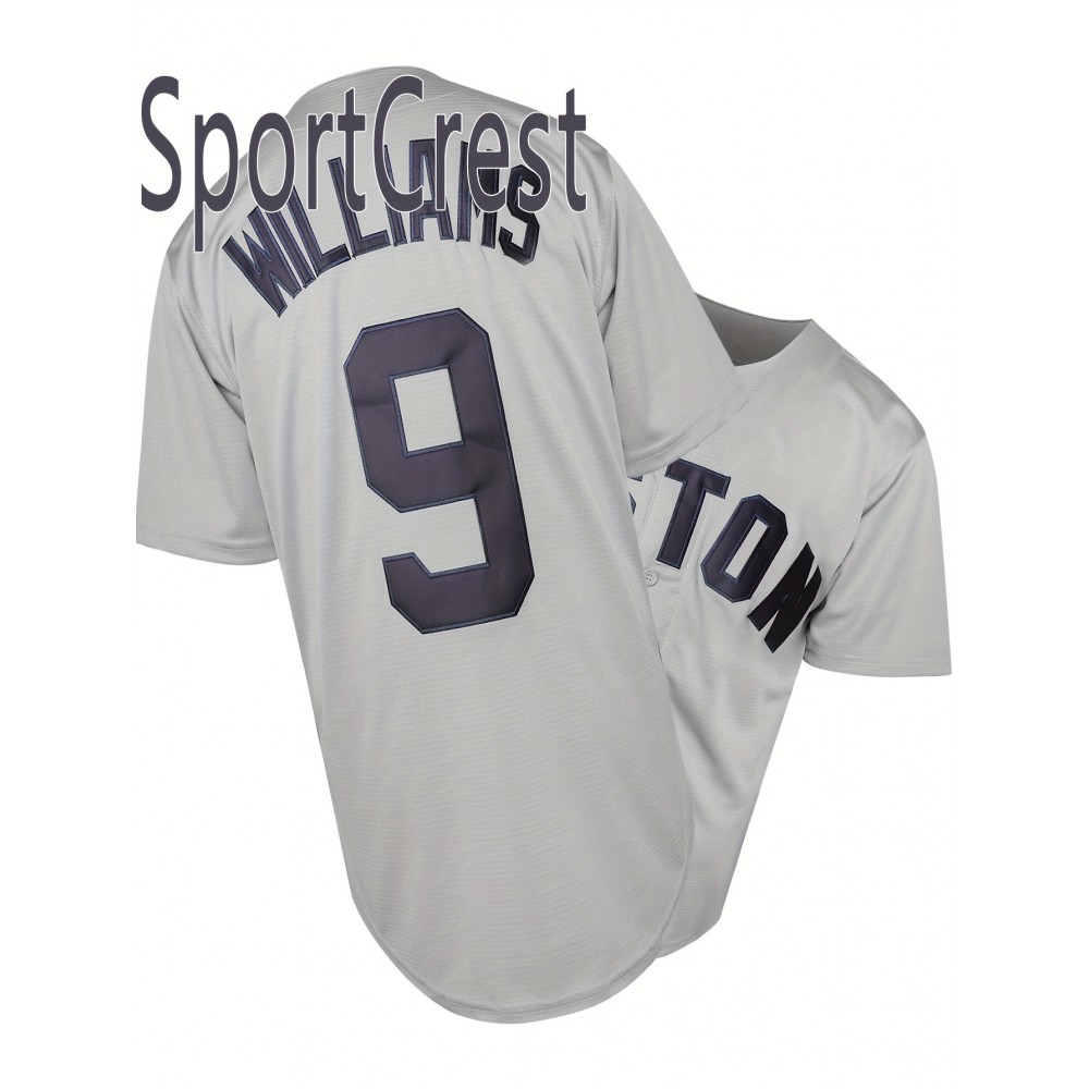 Men's Retro Baseball Jersey #9 - Grey with Navy Stitching, Loose Fit V-Neck Button-Up Short Sleeve, Embroidered Polyester Top for Sports, Casual & Holidays (S-3XL)