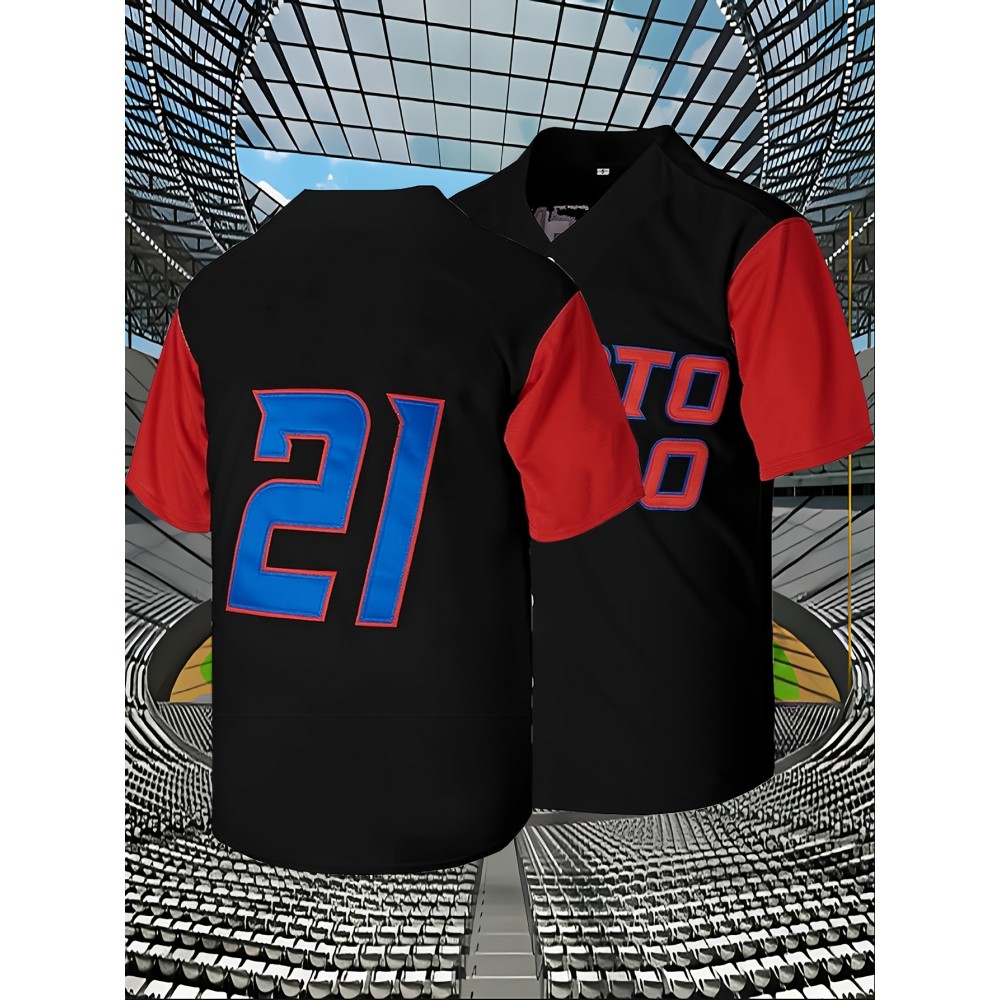 Men's #21 Embroidered Baseball Jersey - Breathable V-Neck, Loose Fit, Polyester Fabric, Perfect for Street Sports, Beach Outings & Casual Wear, Sizes S-3XL