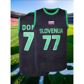 Men's Basketball Jersey #77 - Navy Blue Slovenia National Team Design with Flag Patch, Loose Fit Breathable Fabric for Training, Team Sports & Casual Wear (S-XXXL), Team Apparel | Casual Jersey | Detailing, Basketball Gear