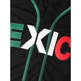 Men's MEXICO Embroidered Baseball Jersey - V-Neck, Button-Up Shirt for Games, Parties & Training - Breathable Polyester, Machine Washable