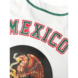 Men'S Polyester Baseball Jersey, Mexico Embroidered V-Neck Button-Up Shirt, Sports Style, Slight Stretch Fabric, for Casual, Training, Baseball, and Party Events, Four Seasons Wear for Adults and Teens