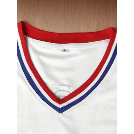 Men's #37 Retro White Baseball Jersey with Blue & Red Stripes - Embroidered, V-Neck, Short Sleeve, Loose Button-Up Shirt for Training & Games - Lightweight Polyester, Machine Washable