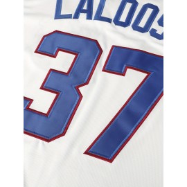 Men's #37 Retro White Baseball Jersey with Blue & Red Stripes - Embroidered, V-Neck, Short Sleeve, Loose Button-Up Shirt for Training & Games - Lightweight Polyester, Machine Washable