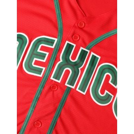 Men's #7 Red Embroidered Baseball Jersey - V-Neck, Short Sleeve, Loose Button-Up Shirt, Comfortable Polyester Fabric, Ideal for Training & Games, Training Apparel|Embroidered Shirt|Comfortable Fit