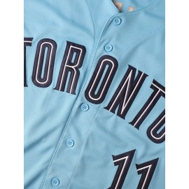 Men'S #11 Blue Baseball Jersey, Embroidered Short-Sleeve Baseball Jersey, V-Neck Loose Button-Up Shirt, a Comfortable Top Suitable for Training And Games.