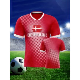 Women's Large Size Professional Sports Fabric Creative Pattern Print Denmark Home Soccer Jersey T-shirt, Soccer Jersey Flag Uniforms Shirts Breathable And Lightweight, Moisture-Wicking, As Gifts For Sports Fans