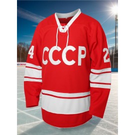 Men's Vintage #24 Embroidered Ice Hockey Jersey - Red and White, Breathable Polyester, Classic V-Neck Captain's Sweatshirt, Machine Washable, Ideal for Sports & Casual Wear