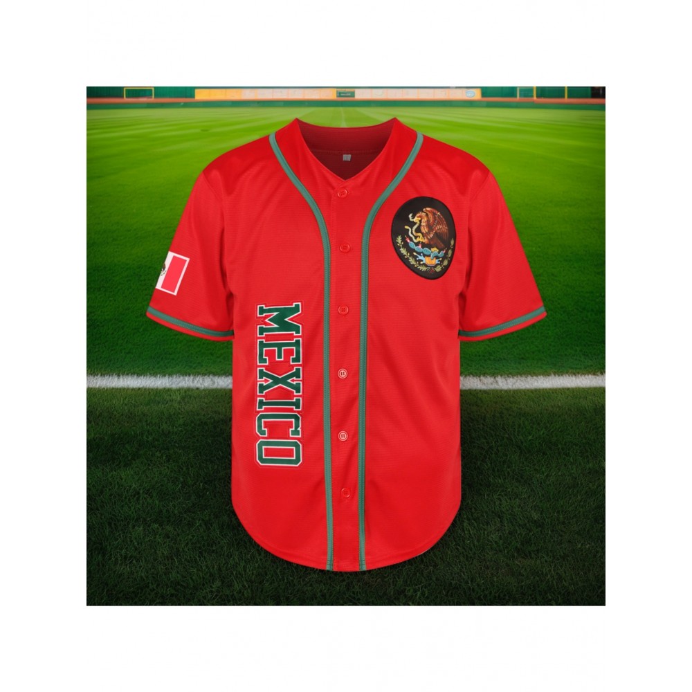 Men'S Polyester Baseball Jersey, Mexico-Themed Embroidered V-Neck, Slight Stretch Knit Fabric, Four Seasons Sports Shirt, for Casual, Training, Baseball, and Team Sports Events