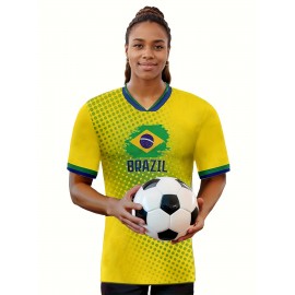 Women's Large Size Professional Sports Fabric Creative Pattern Print South American National Team Soccer Jersey T-shirt, Soccer Jersey Flag Uniforms Shirts, Breathable And Lightweight, Moisture-Wicking, As Gifts For Sports Fans
